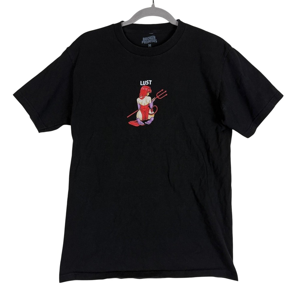 Broken Promises Shirt Mens Medium Black Lust Devil Graphic Tee Tagless Cotton